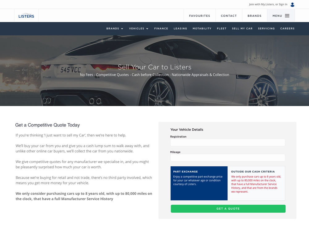High fidelity wireframe of the initial Sell Your Car page